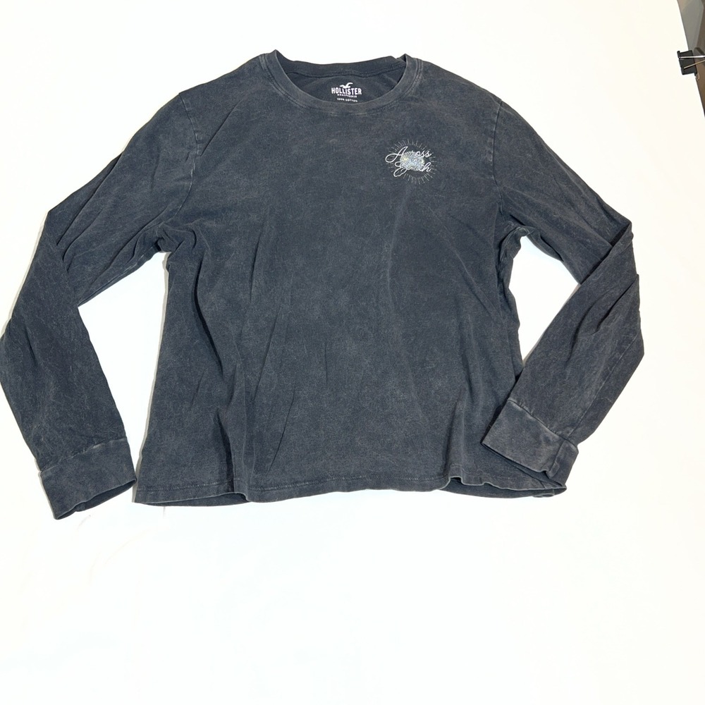 Hollister Womens Small Gray Acid Wash Long Sleeve Graphic Tee Vinyl Records LA
